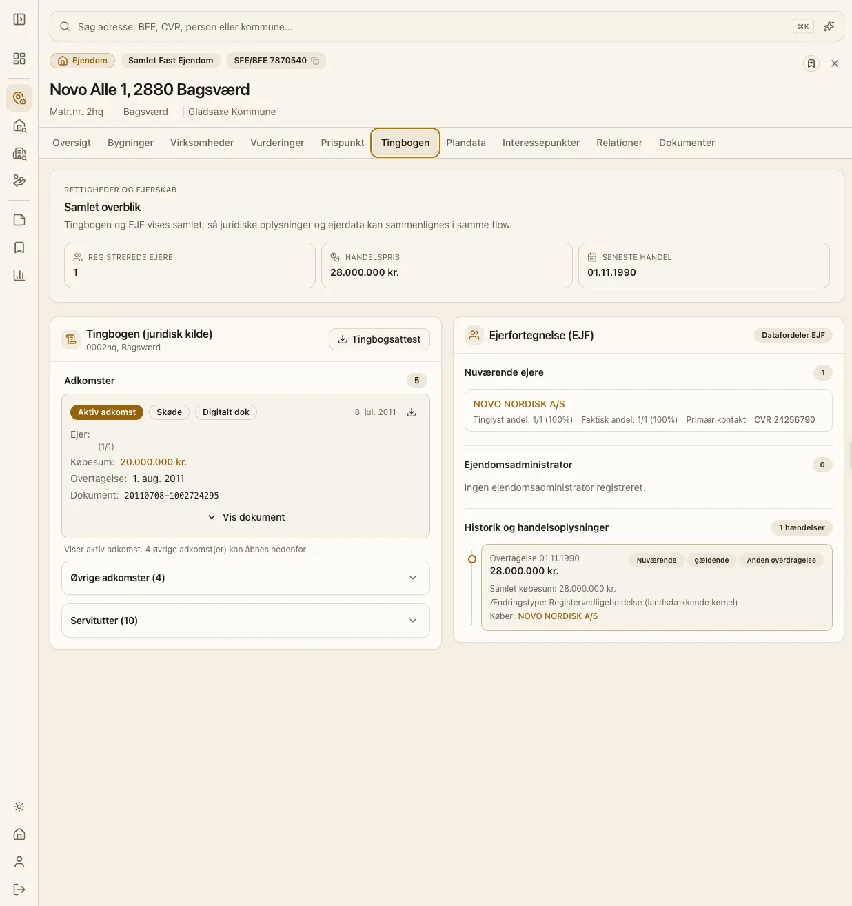 Datamap: fanen Tingbogen med adkomster, servitutter og ejerfortegnelse side om side