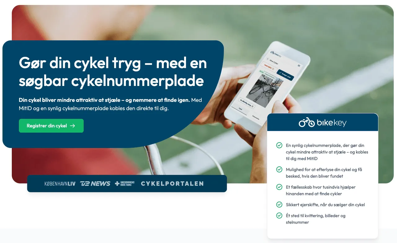 Bikekeys forside med overskriften “Gør din cykel tryg med en søgbar cykelnummerplade” og en liste over funktioner